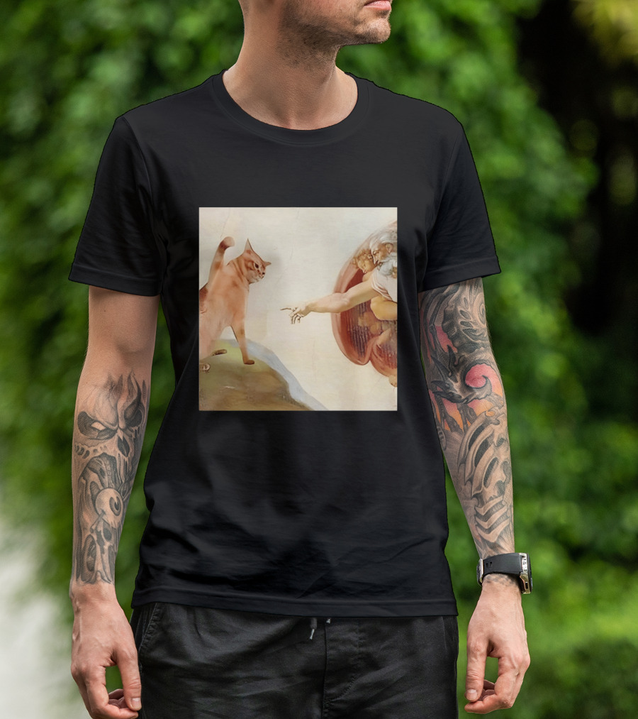 Floppa Meets Creation In Iconic God Touching Fingers Scene T-Shirt