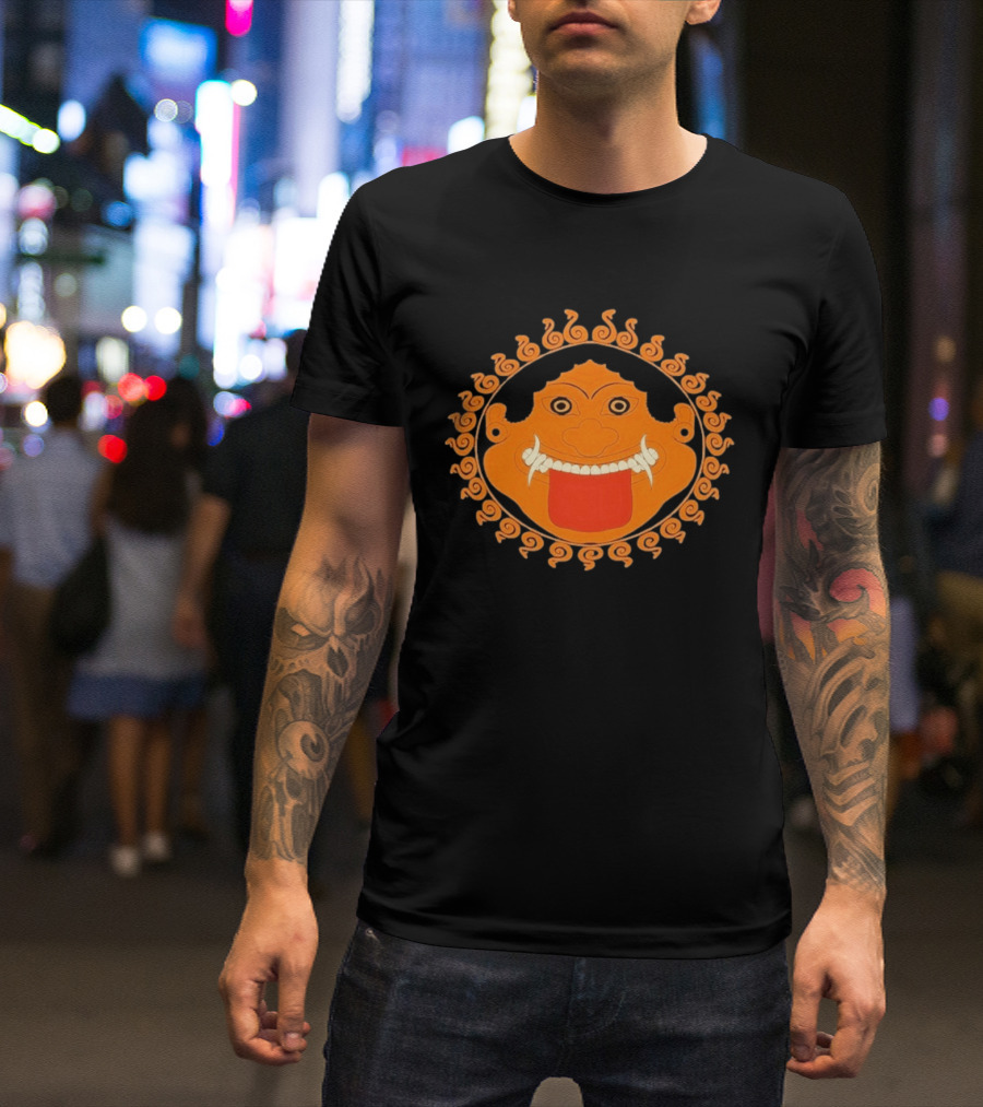 Medusa Gorgon Greek Mythology Monstrous Mask Icon With Orange Spirals T-Shirt