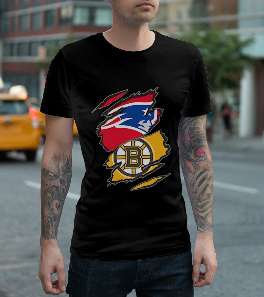 New England Patriots Boston Bruins Two Teams One Heart Scratch NFL NHL Fan T-Shirt