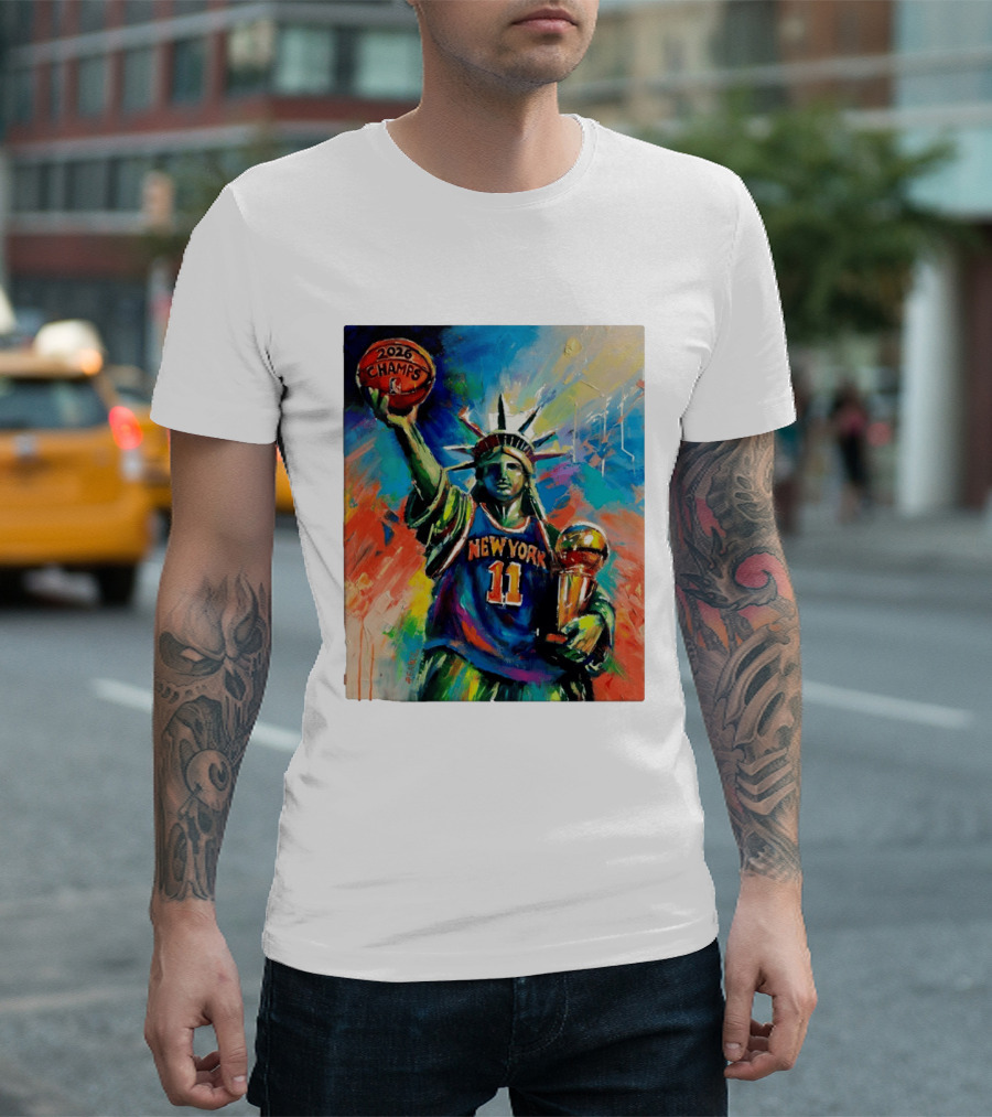 New York Knicks 11 Statue Of Liberty 2026 Champs Trophy Basketball T-Shirt