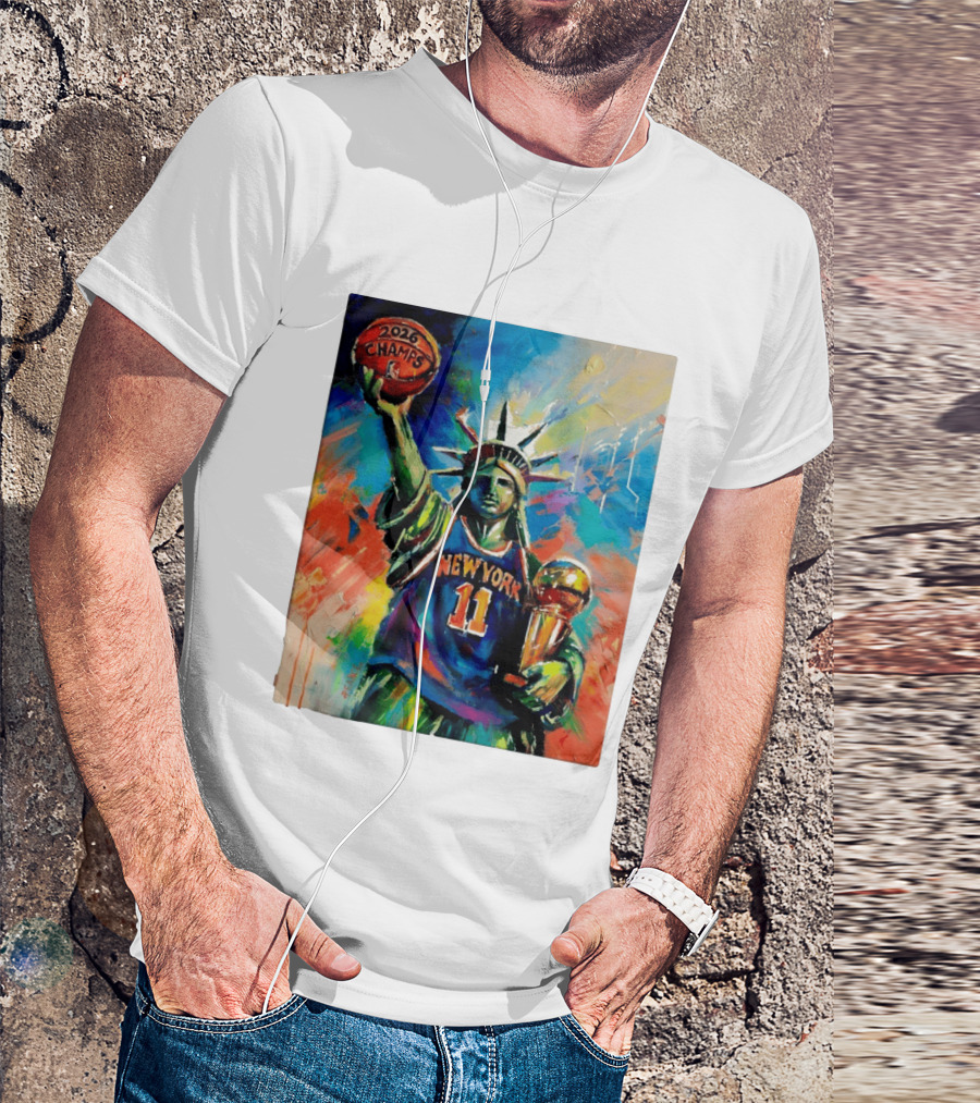 New York Knicks 11 Statue Of Liberty 2026 Champs Trophy Basketball T-Shirt