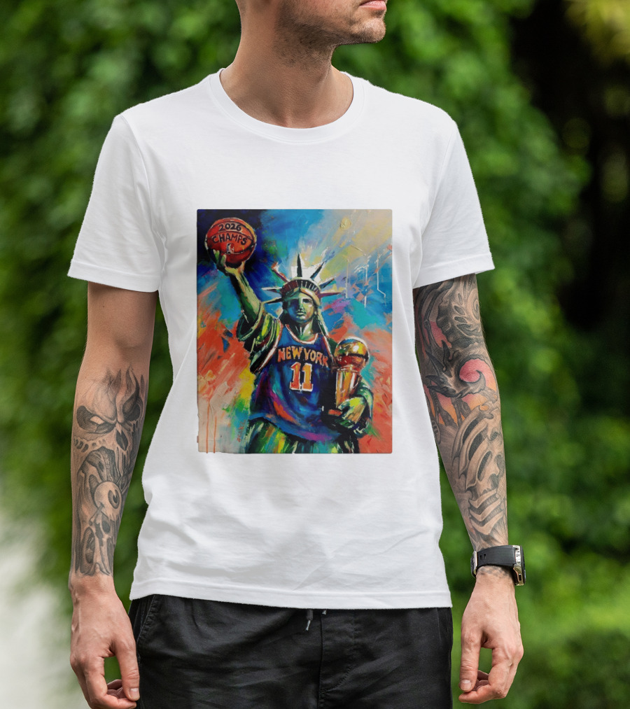 New York Knicks 11 Statue Of Liberty 2026 Champs Trophy Basketball T-Shirt