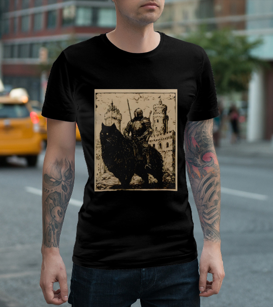Knight Riding Giant Cat In Medieval Fantasy Castle Scene T-Shirt