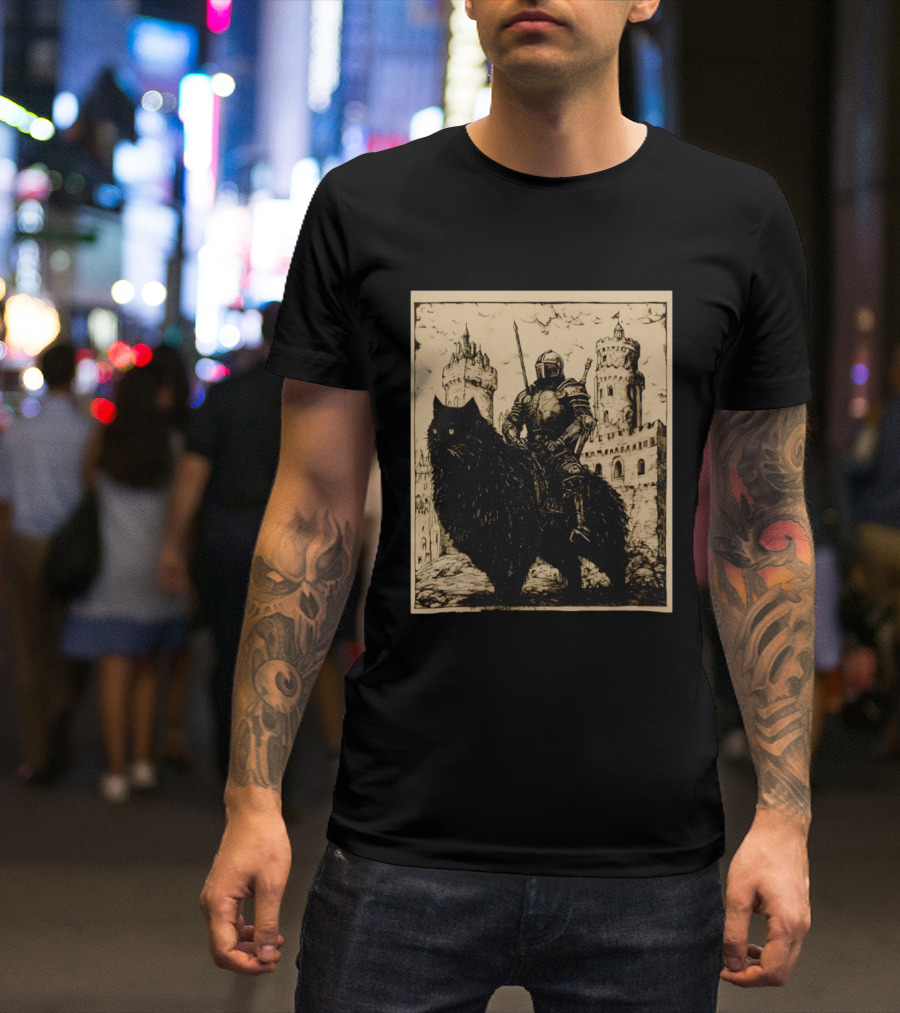 Knight Riding Giant Cat In Medieval Fantasy Castle Scene T-Shirt