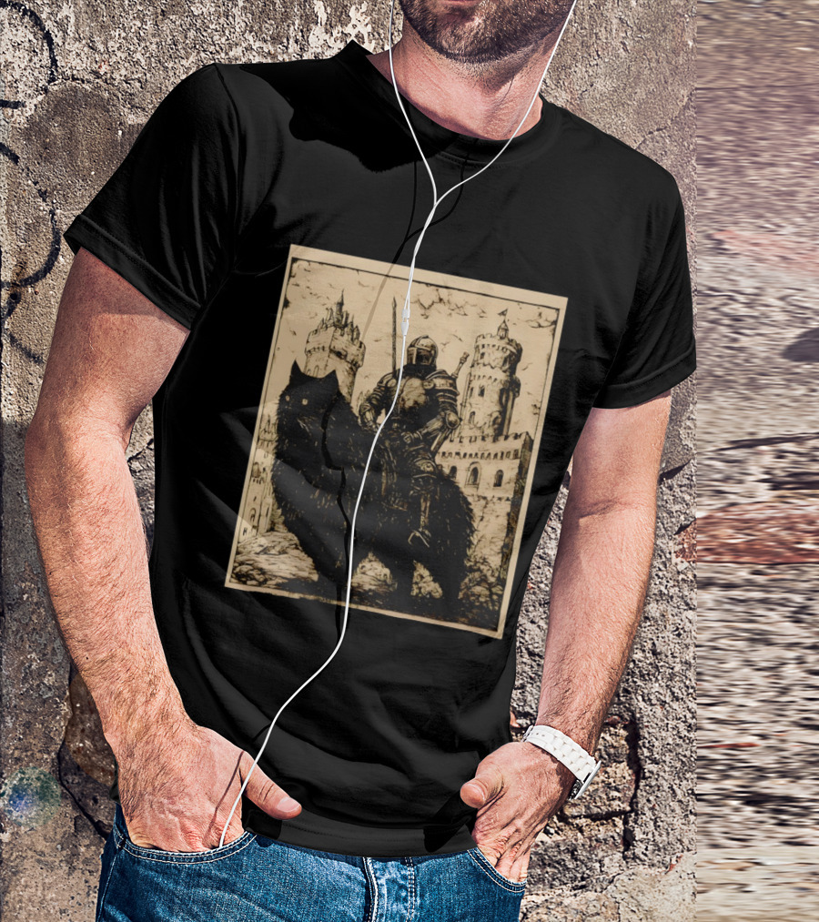 Knight Riding Giant Cat In Medieval Fantasy Castle Scene T-Shirt