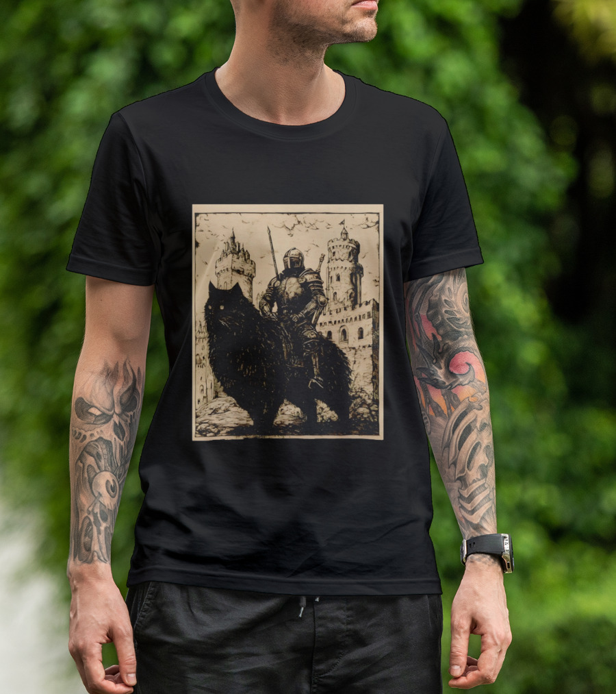 Knight Riding Giant Cat In Medieval Fantasy Castle Scene T-Shirt