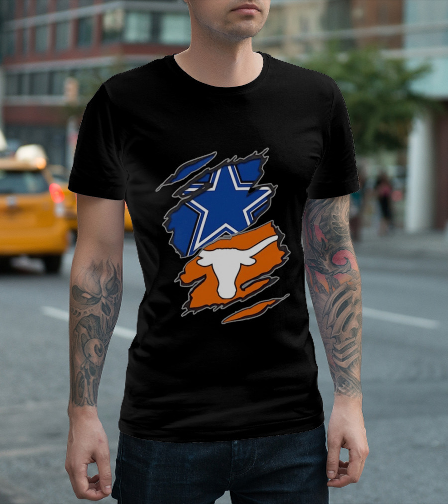 Dallas Cowboys Texas Longhorns Two Teams One Heart Scratch Torn Star Helmet T-Shirt