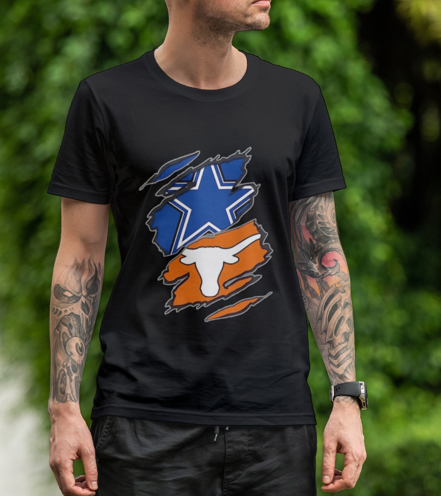 Dallas Cowboys Texas Longhorns Two Teams One Heart Scratch Torn Star Helmet T-Shirt