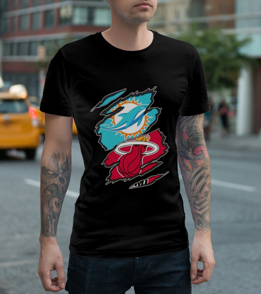Miami Dolphins Miami Heat Two Teams One Heart Scratch T-Shirt