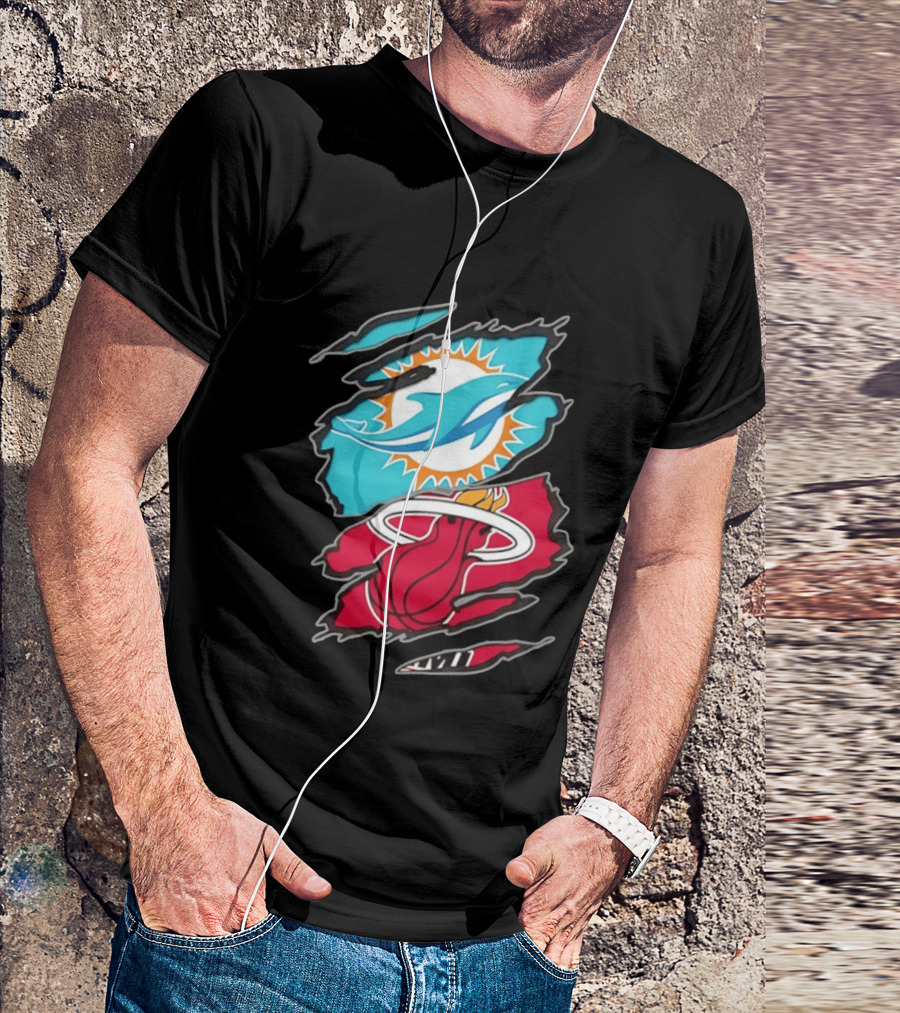Miami Dolphins Miami Heat Two Teams One Heart Scratch T-Shirt