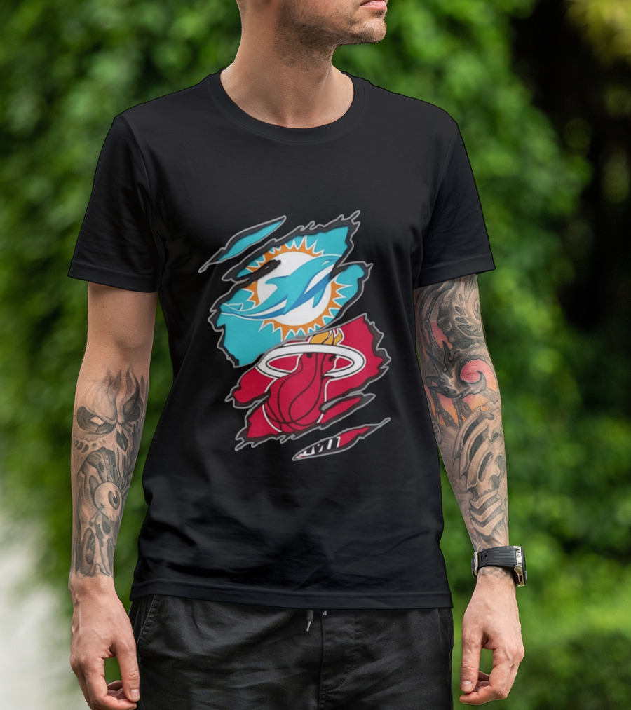 Miami Dolphins Miami Heat Two Teams One Heart Scratch T-Shirt
