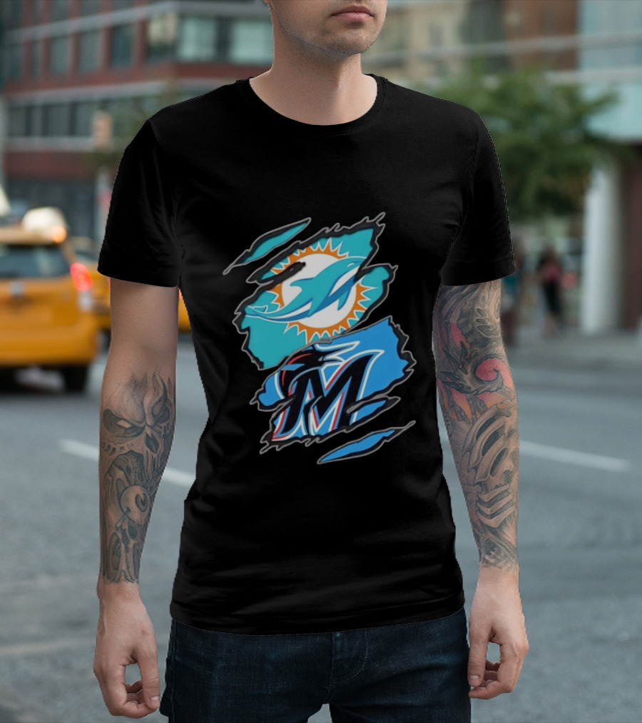 Miami Dolphins Miami Marlins Two Teams One Heart Scratch Marks T-Shirt