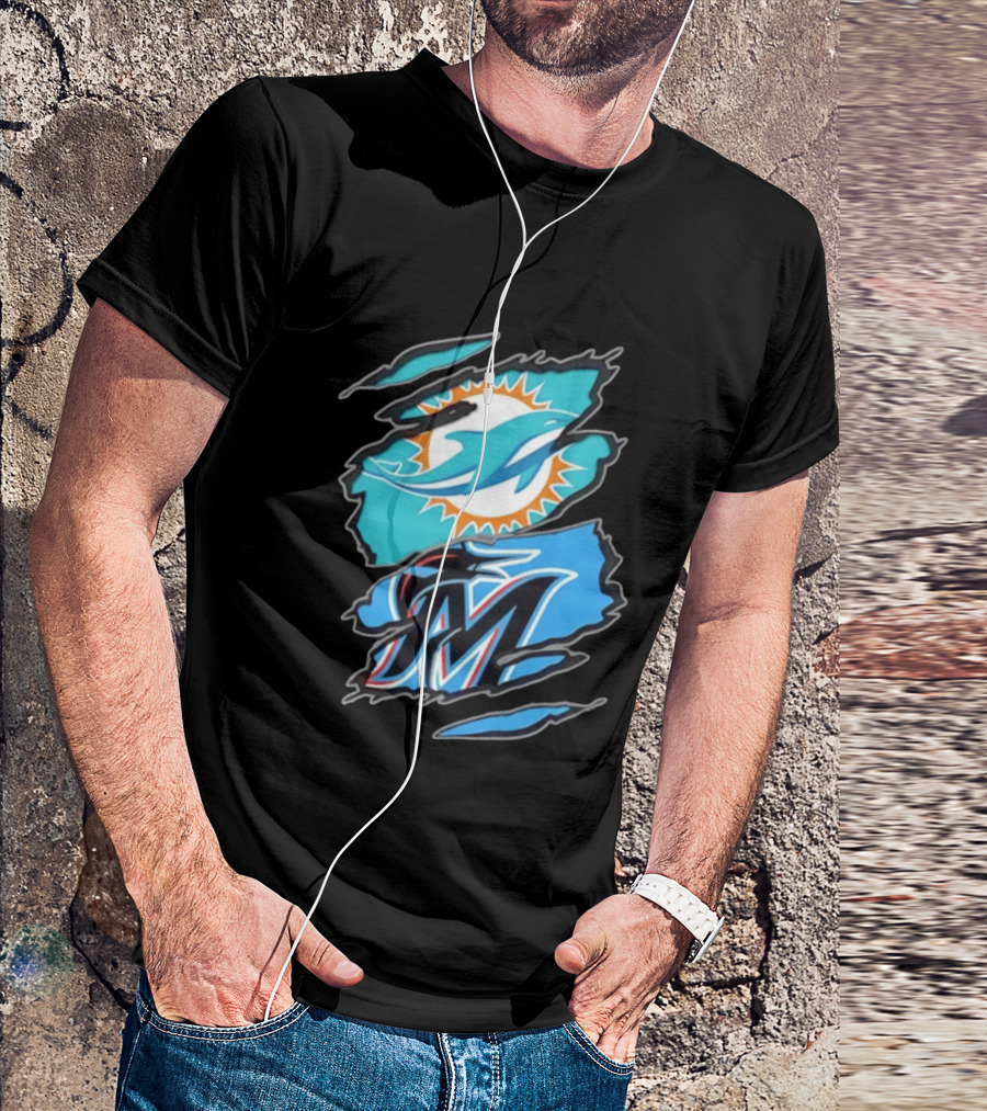 Miami Dolphins Miami Marlins Two Teams One Heart Scratch Marks T-Shirt