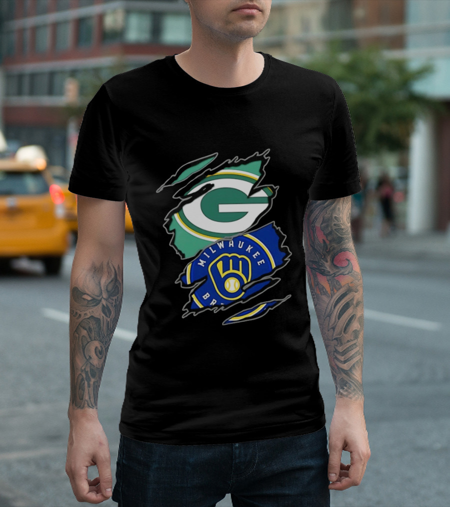 Green Bay Packers Milwaukee Brewers Two Teams One Heart Scratch T-Shirt