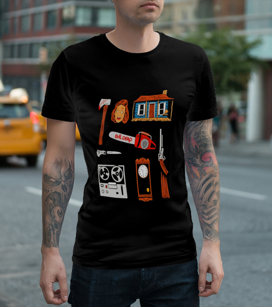 Evil Dead Horror Collage Chainsaw Cabin Axe Ash Williams T-Shirt