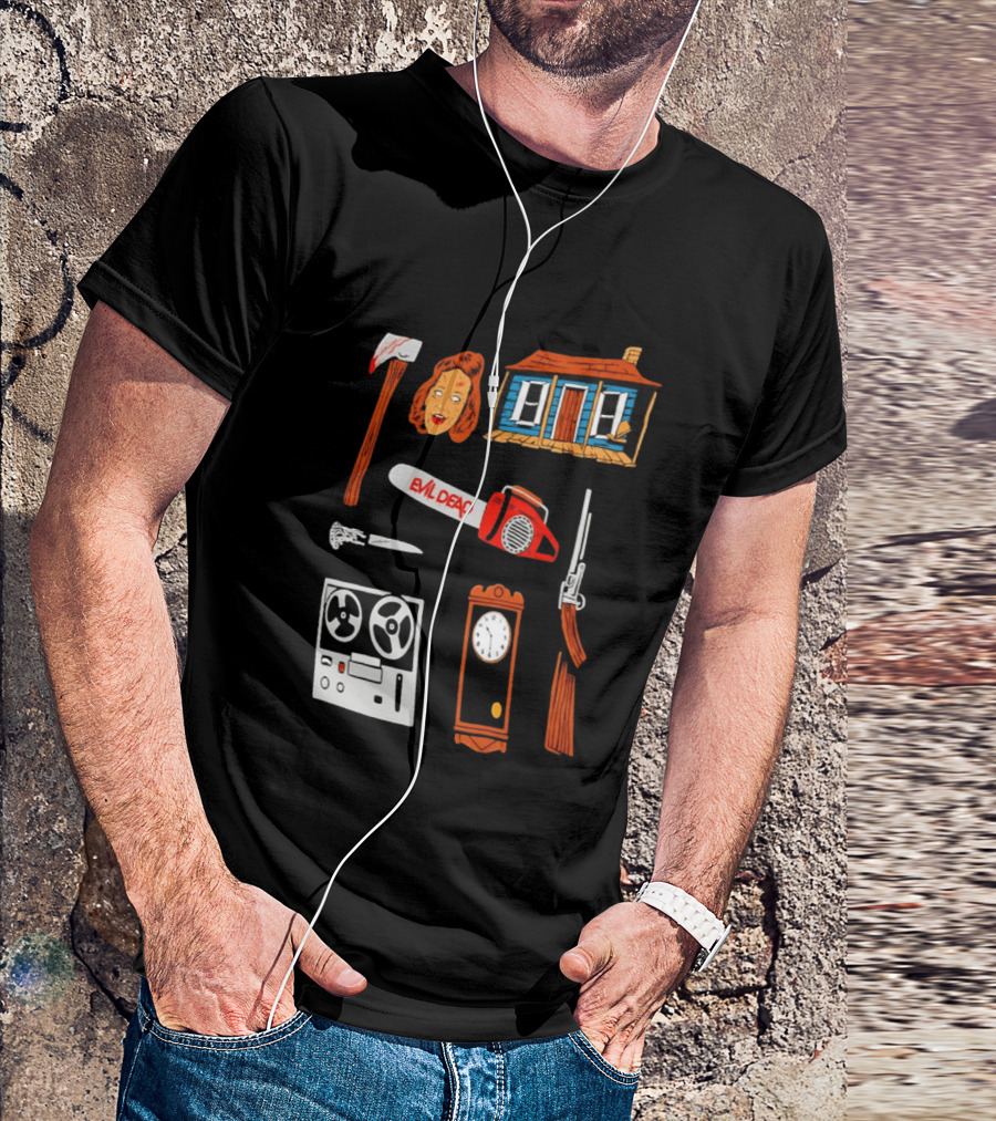 Evil Dead Horror Collage Chainsaw Cabin Axe Ash Williams T-Shirt