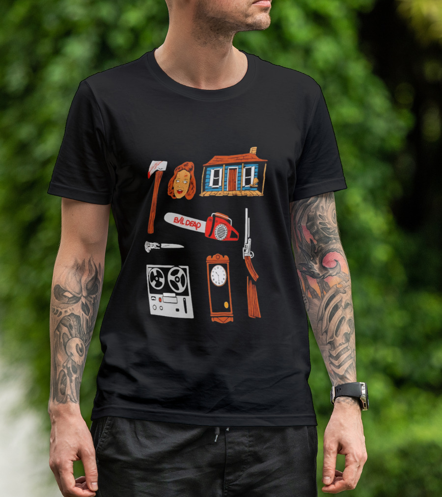 Evil Dead Horror Collage Chainsaw Cabin Axe Ash Williams T-Shirt