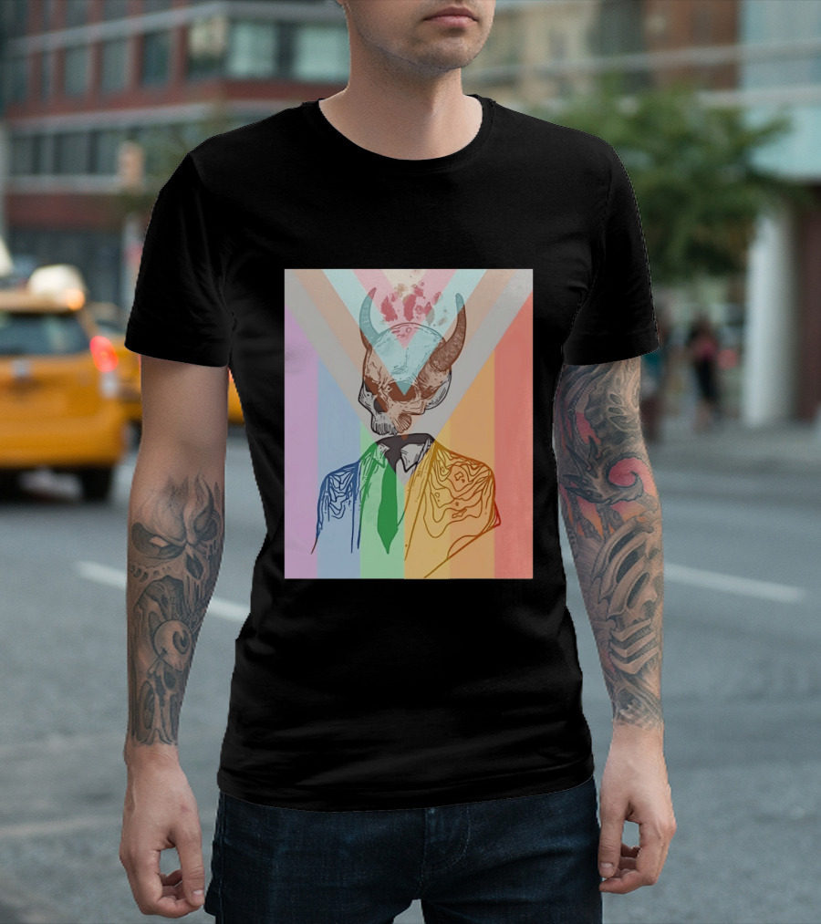Horned Devil Skull Suit Pride Flag Surrealism Abstract Colorful T-Shirt