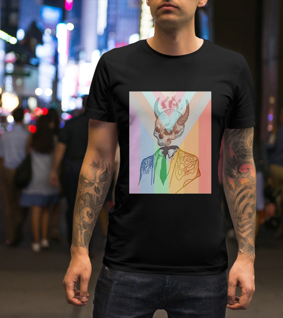 Horned Devil Skull Suit Pride Flag Surrealism Abstract Colorful T-Shirt