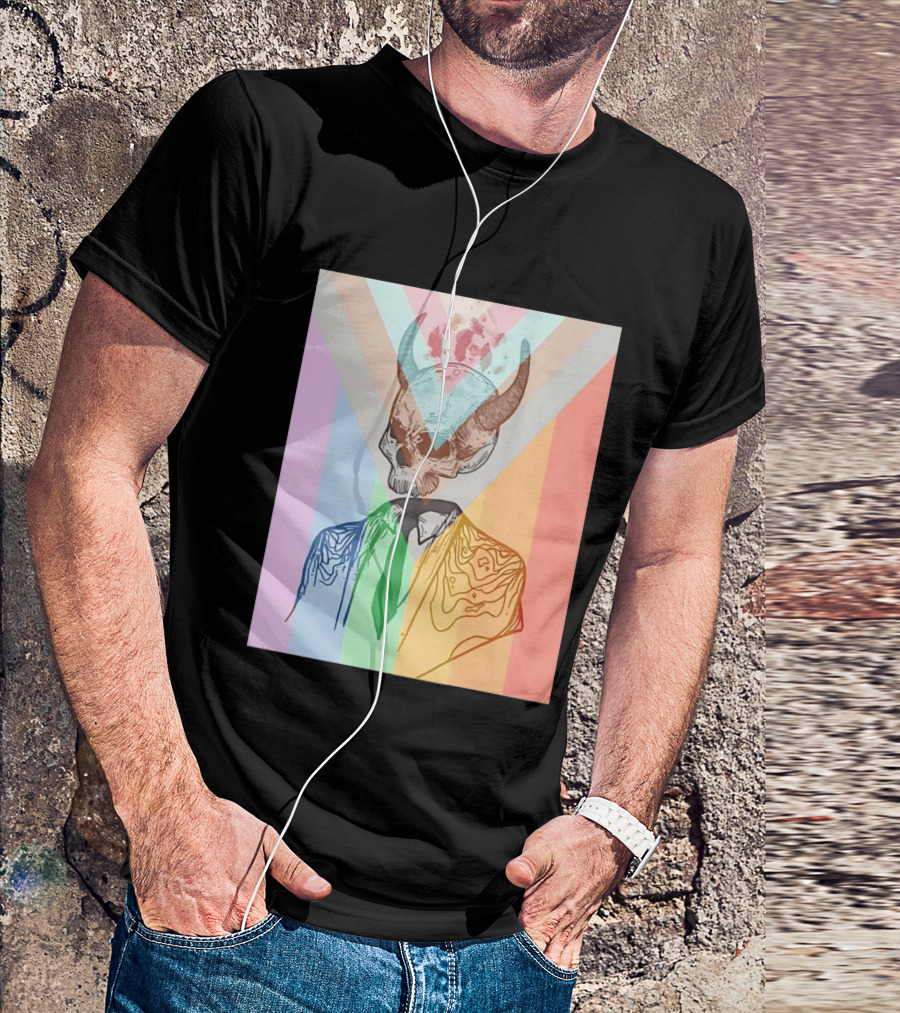 Horned Devil Skull Suit Pride Flag Surrealism Abstract Colorful T-Shirt
