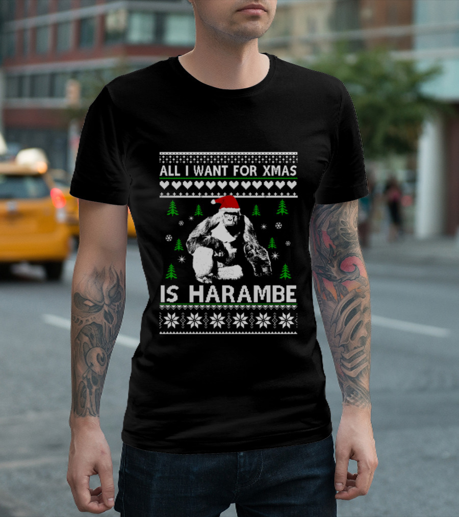 All I Want For Xmas Is Harambe Santa Hat Ugly Christmas T-Shirt