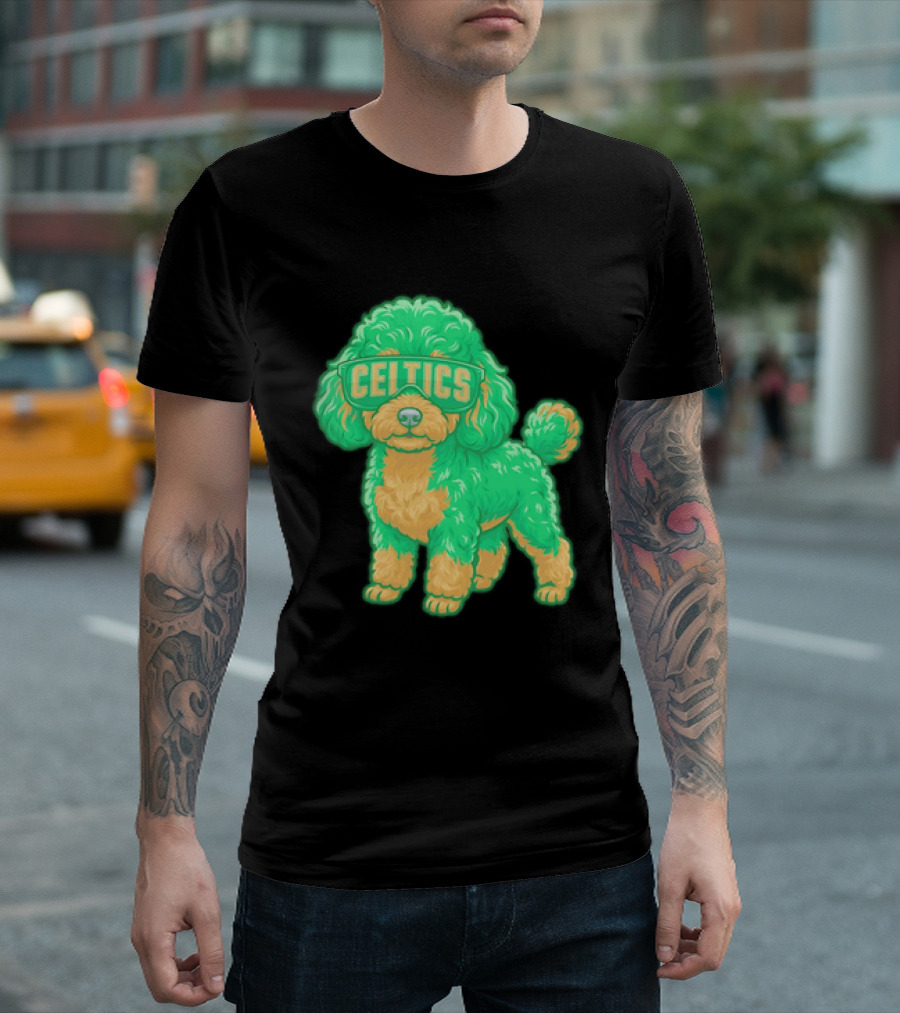 Boston Celtics Teacup Poodle Cartoon With Celtics Sunglasses T-Shirt