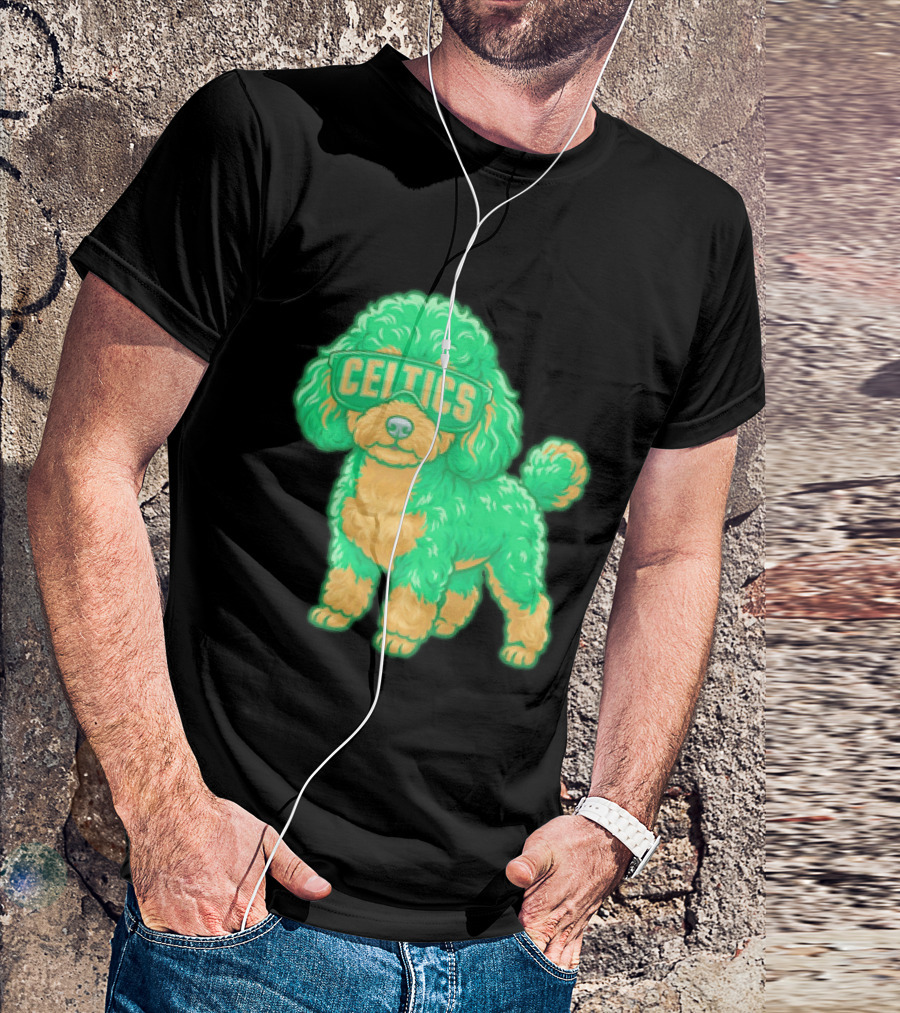 Boston Celtics Teacup Poodle Cartoon With Celtics Sunglasses T-Shirt