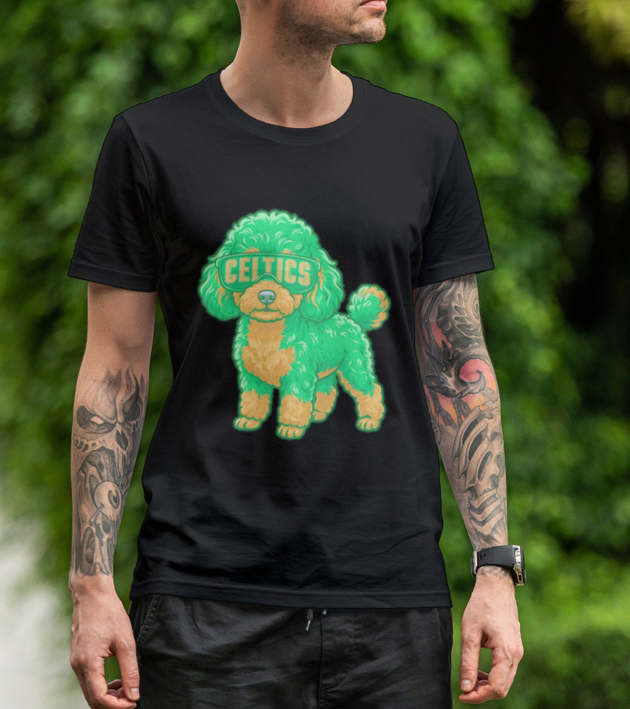 Boston Celtics Teacup Poodle Cartoon With Celtics Sunglasses T-Shirt