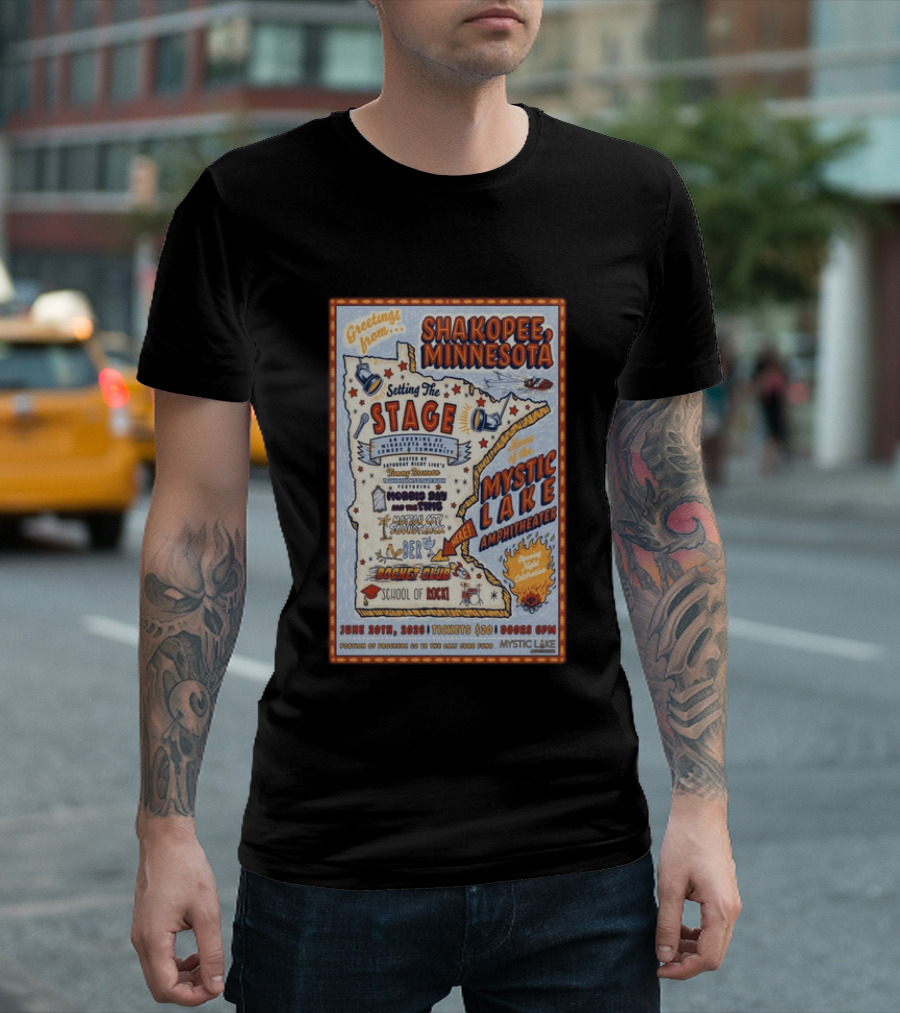 Greetings From Shakopee Minnesota Mystic Lake Amphitheater June 20 2026 Setting The Stage School Of Rock Band Event T-Shirt