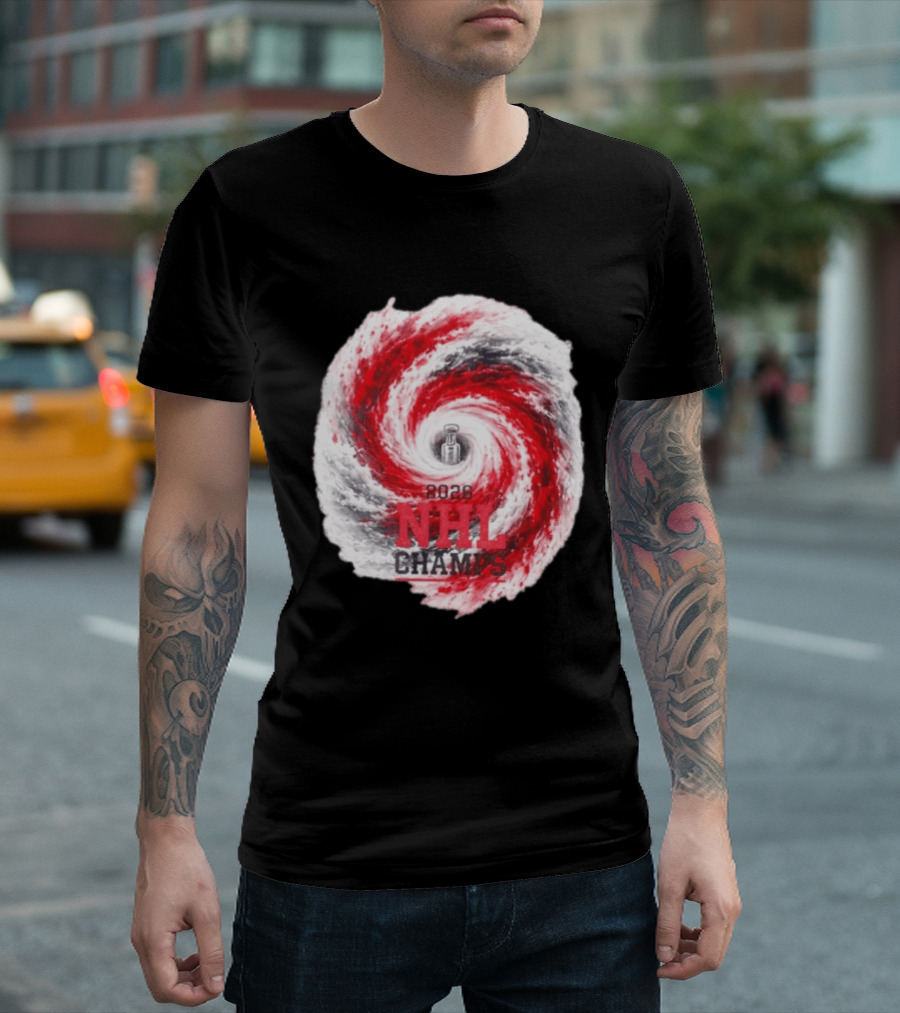 Carolina Hurricanes 2026 NHL Champs Storm With Hockey Trophy And Red Gray Swirl T-Shirt