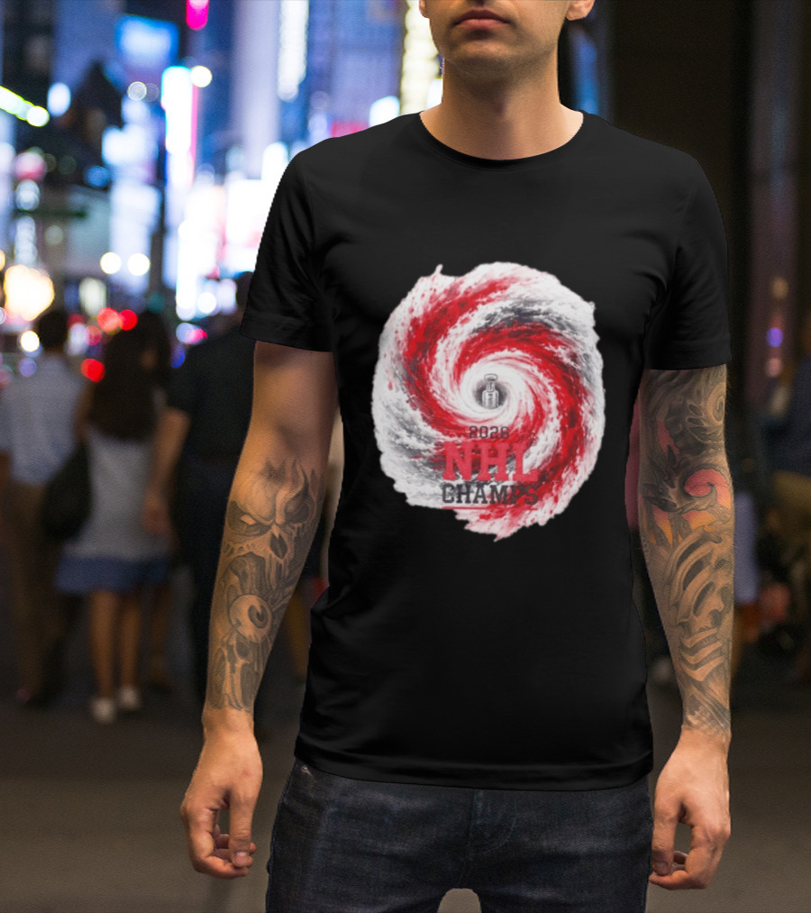 Carolina Hurricanes 2026 NHL Champs Storm With Hockey Trophy And Red Gray Swirl T-Shirt