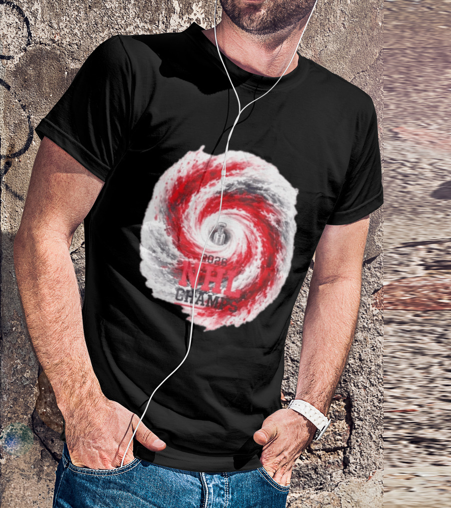 Carolina Hurricanes 2026 NHL Champs Storm With Hockey Trophy And Red Gray Swirl T-Shirt