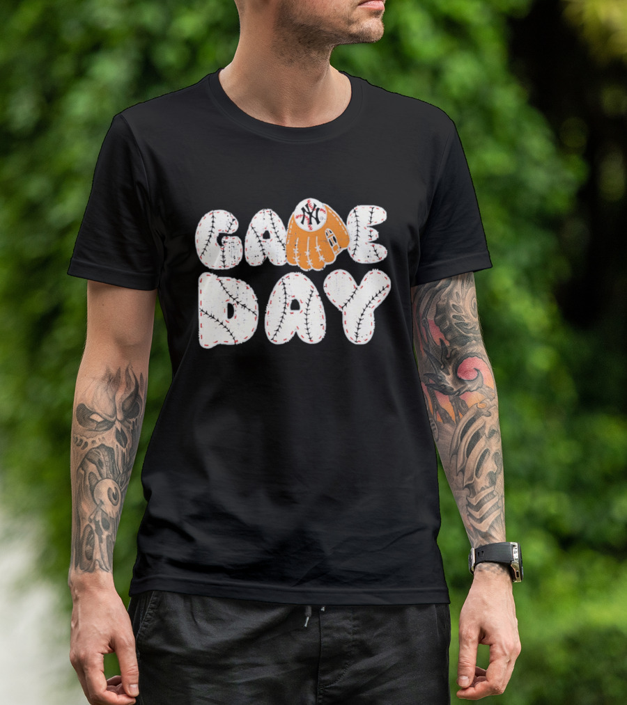 New York Yankees Game Day Baseball MLB NYY Glove And Ball Stitching T-Shirt