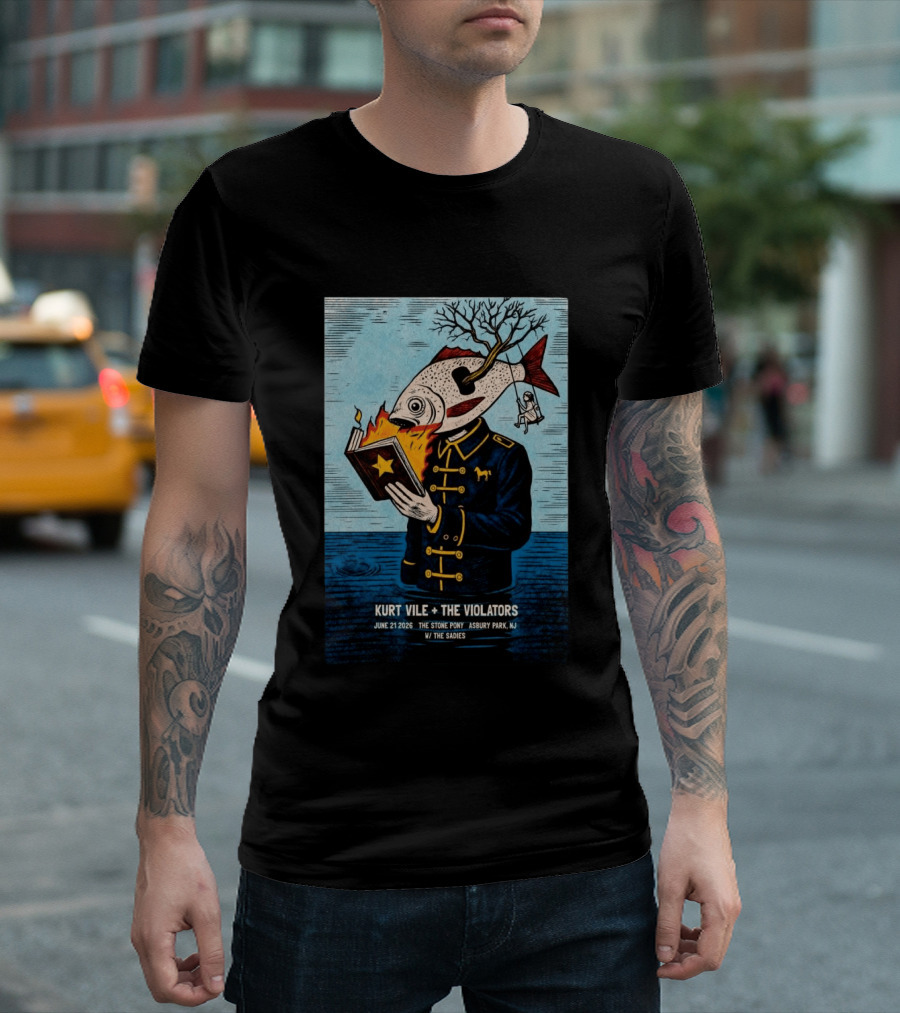 Kurt Vile + The Violators June 21 2026 Stone Pony Asbury Park NJ W/ The Sadies Surreal Fish Head Reading Book Burning Tree Swing T-Shirt