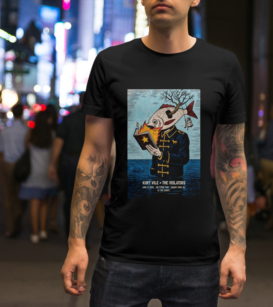 Kurt Vile + The Violators June 21 2026 Stone Pony Asbury Park NJ W/ The Sadies Surreal Fish Head Reading Book Burning Tree Swing T-Shirt