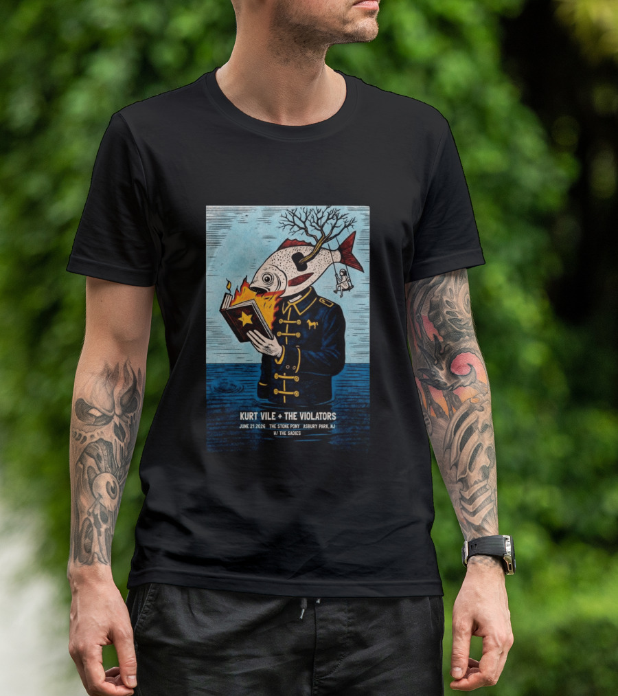 Kurt Vile + The Violators June 21 2026 Stone Pony Asbury Park NJ W/ The Sadies Surreal Fish Head Reading Book Burning Tree Swing T-Shirt