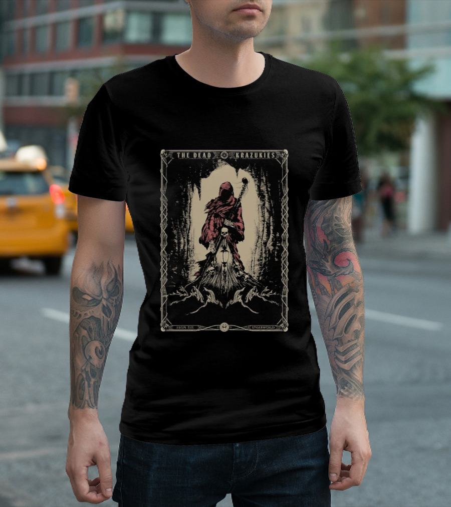 The Dead Krazukies From The Underworld Hooded Figure With Staff And Skulls T-Shirt