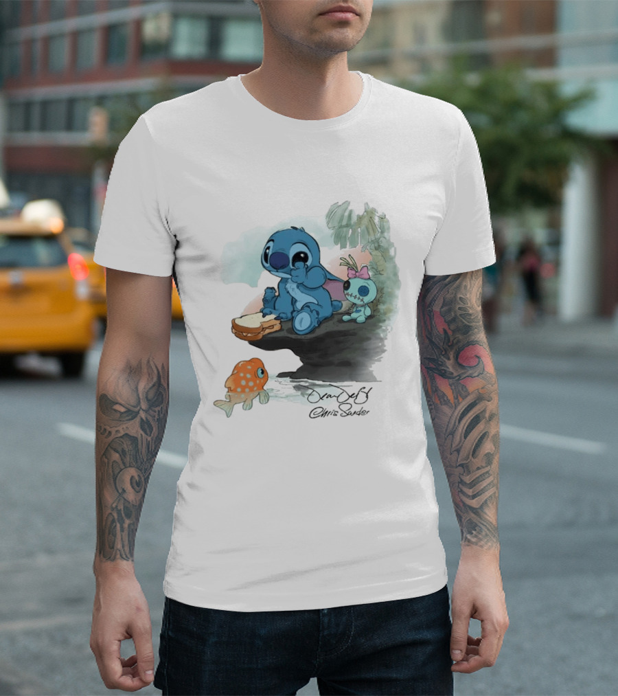 Lilo & Stitch Ohana Alii Stitch And Scrump With Fish And Sandwich T-Shirt