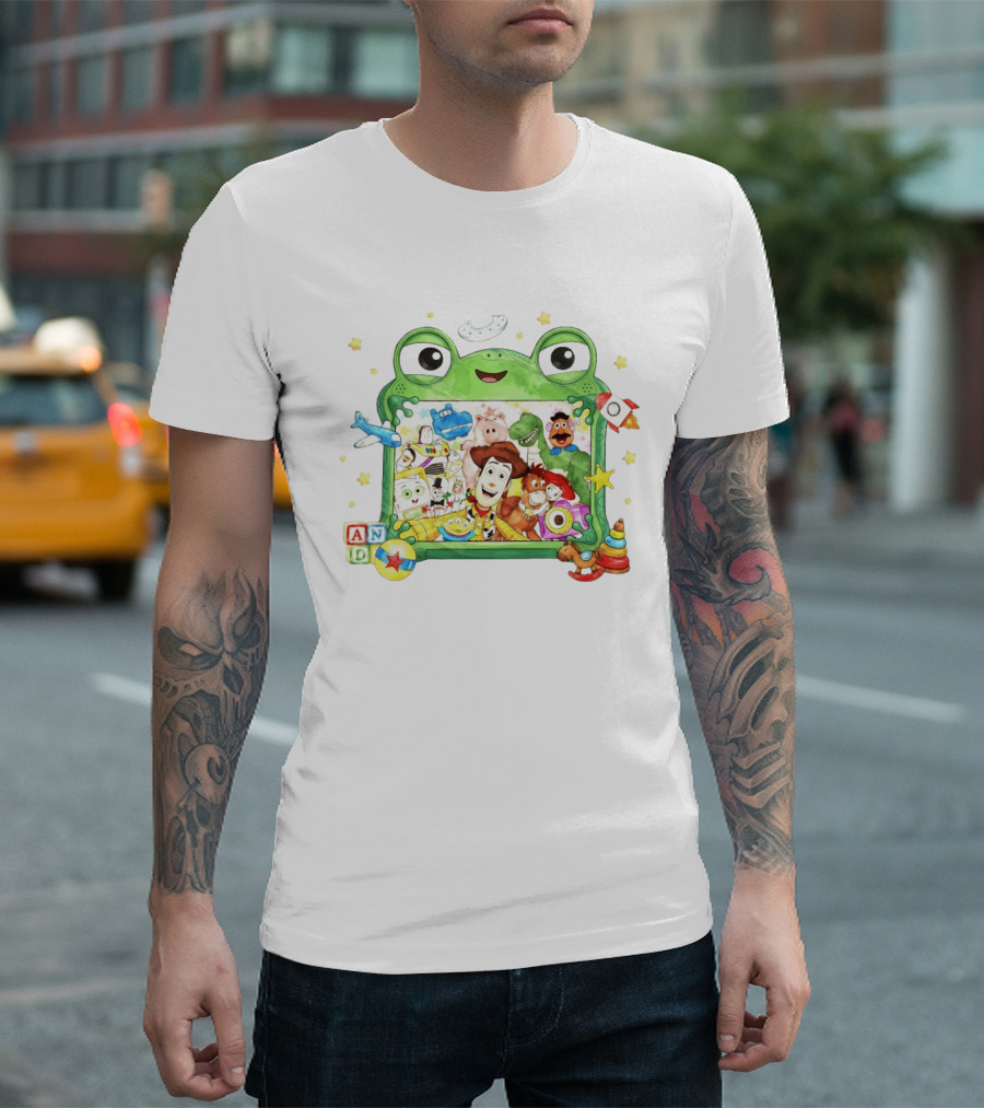 Woody And Buzz Lightyear Toy Story Characters Inside Frog Frame With Andy Blocks T-Shirt