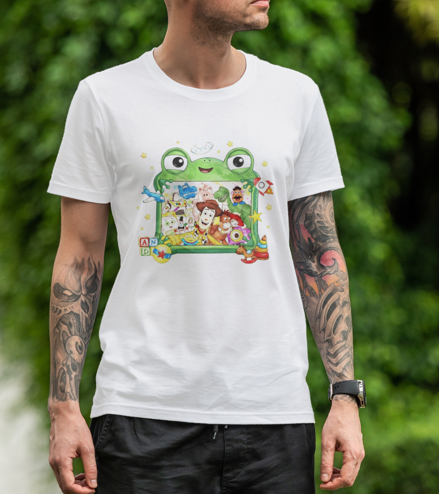 Woody And Buzz Lightyear Toy Story Characters Inside Frog Frame With Andy Blocks T-Shirt