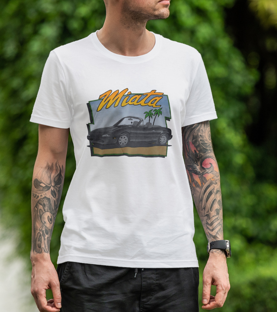 Miata Mazda NA Roadster Convertible With Palm Trees Beach Scene T-Shirt