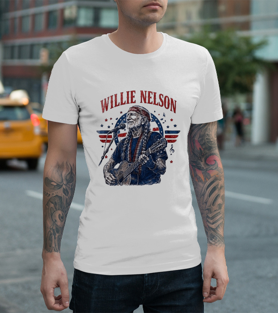 Willie Nelson America The Queen Of Country 250 Years Of Freedom USA Flag Guitar And Microphone T-Shirt