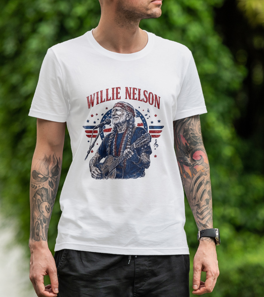 Willie Nelson America The Queen Of Country 250 Years Of Freedom USA Flag Guitar And Microphone T-Shirt