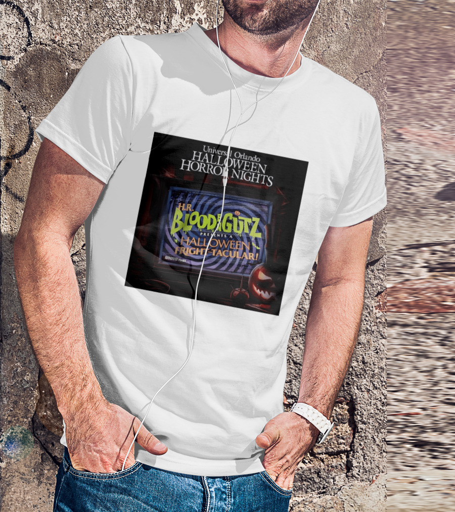 Universal Orlando Halloween Horror Nights HR Blood N Gutz Presents A Halloween Fright Tacular TV Experience T-Shirt