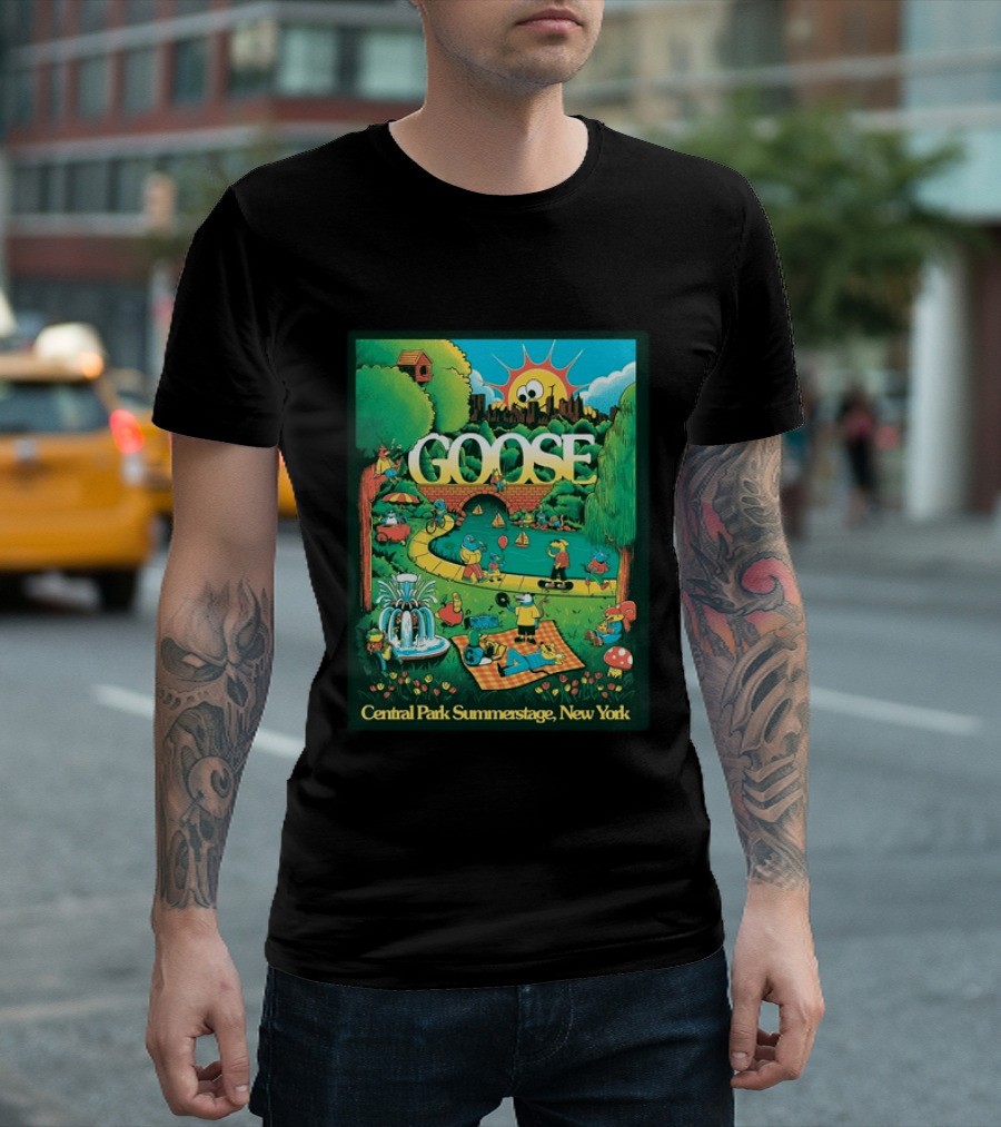 Goose Central Park Summerstage New York 2026 June 21 Lewy Jones Vibrant Park Scene With Sun And Fountain T-Shirt
