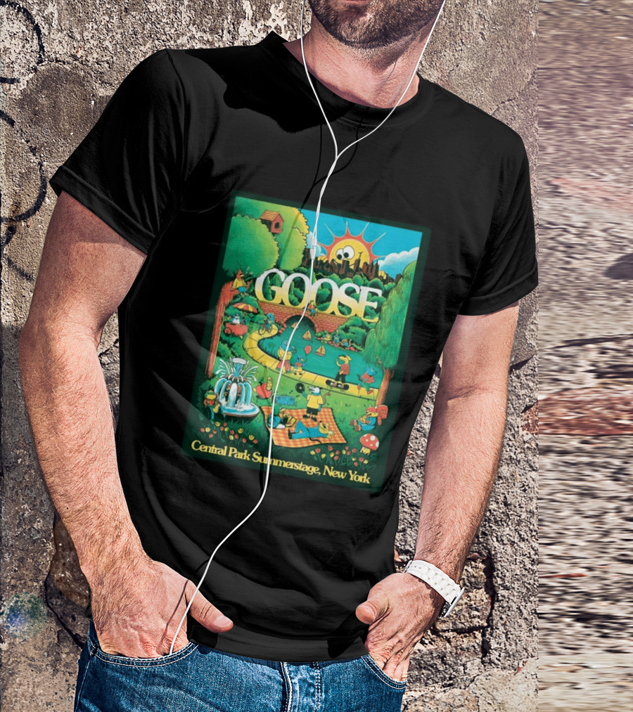 Goose Central Park Summerstage New York 2026 June 21 Lewy Jones Vibrant Park Scene With Sun And Fountain T-Shirt