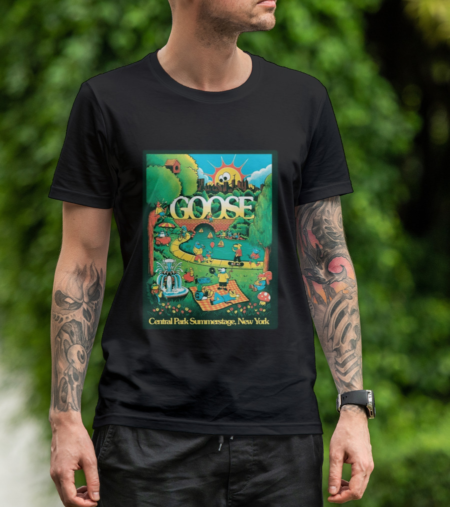 Goose Central Park Summerstage New York 2026 June 21 Lewy Jones Vibrant Park Scene With Sun And Fountain T-Shirt