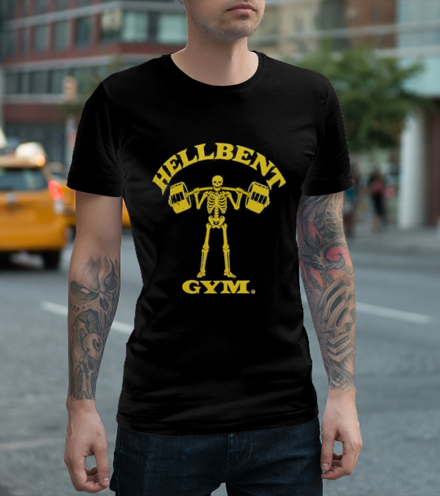 Hellbent Gym Skeleton Lifting Weights Yellow T-Shirt