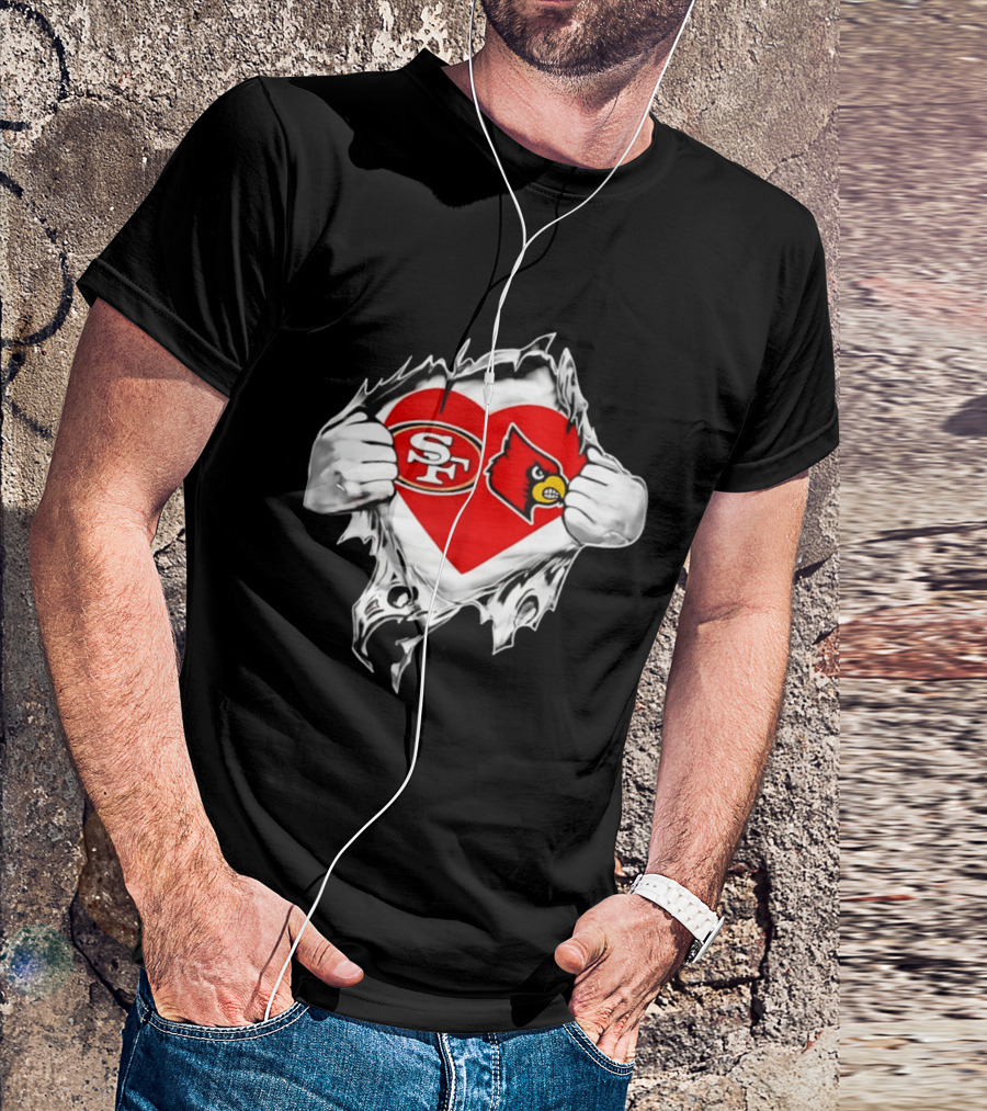 Louisville Cardinals San Francisco 49ers Heart Torn Edge Team Pride T-Shirt