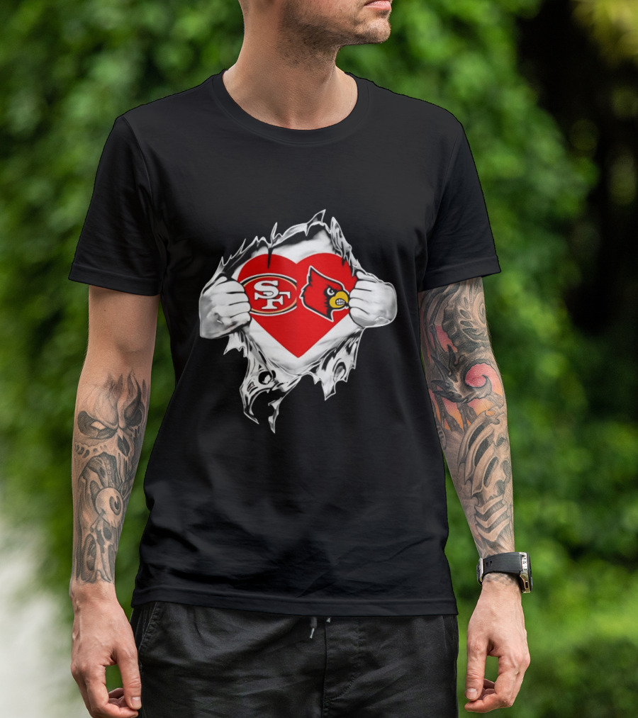 Louisville Cardinals San Francisco 49ers Heart Torn Edge Team Pride T-Shirt